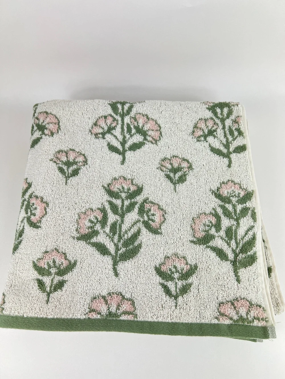 Peri Home Bath Towel Set Green Pink Off White Floral Design 100% Cotton 8 Pc NEW